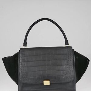 Celine Black GM (Large) Croc-Effect Top Handle Satchel with Gold Hardware